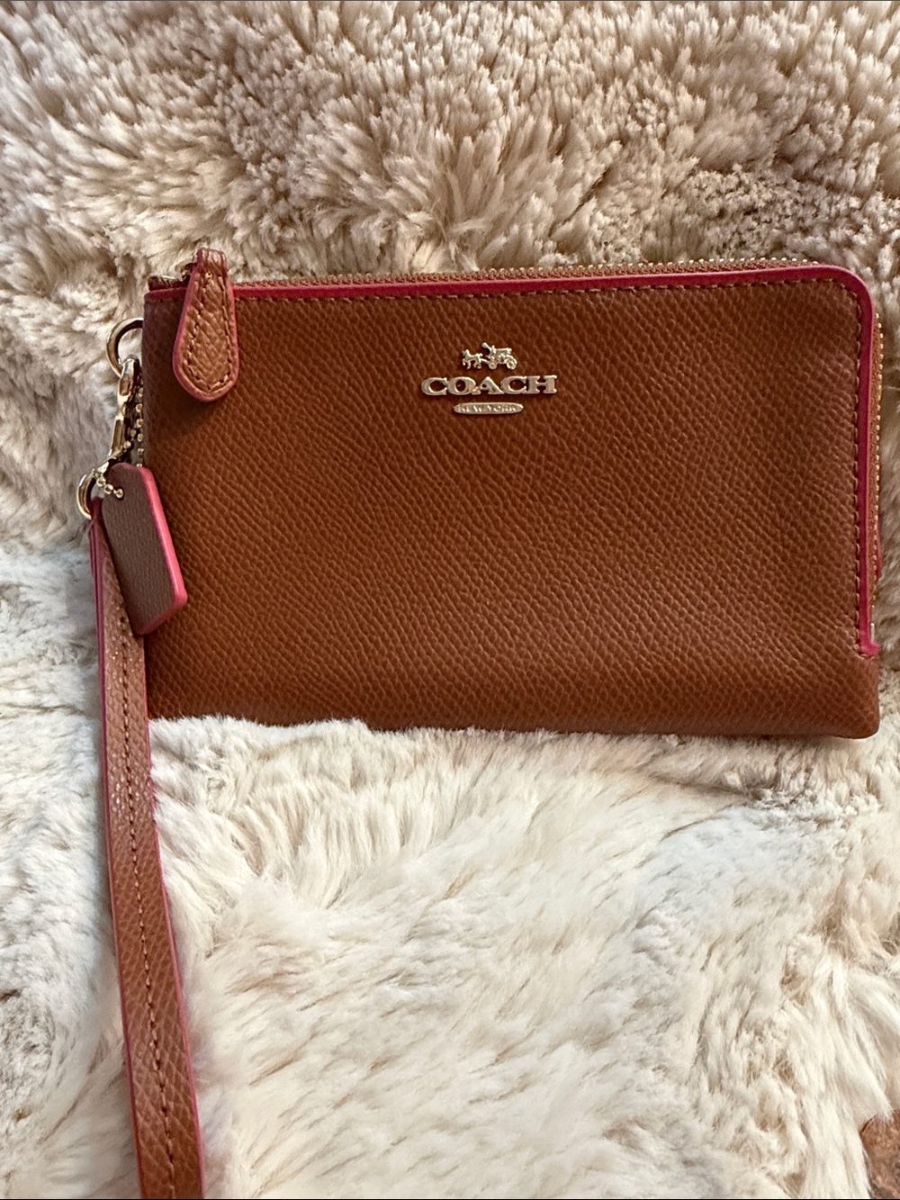 Coach Brown Double Zip Wristlet with Hot Pink Trim and Gold Hardware
